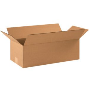 An MH-USA 22 x 10 x 6 flat corrugated box, brown and open with outward-flaring flaps, sits empty against a white background. Ideal for versatile packing needs, these boxes are sold in bundles of 25.