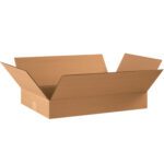 An open, flat MH-USA 22 x 14 x 4 corrugated box with partially extended flaps on a white background. Its sturdy edges make it ideal for shipments.