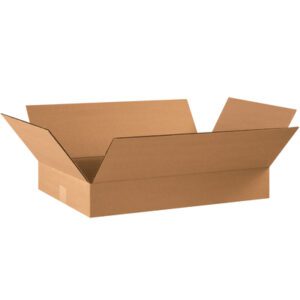An open, flat MH-USA 22 x 14 x 4 corrugated box with partially extended flaps on a white background. Its sturdy edges make it ideal for shipments.