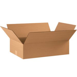 The MH-USA 22 x 14 x 6 flat corrugated box, from the pack of 20, sits open with its flaps spread out against a plain white background. This sturdy packaging is perfect for storage and shipping needs.