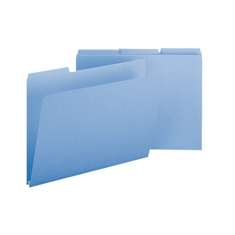 Two Smead Pressboard File Folders (1/3-Cut Tab, 1 Expansion, Legal Size, Blue) rest on a white background; one stands open and upright while the other, closed, leans against it, both featuring top tabs for easy labeling.