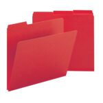 Two bright Smead Pressboard File Folders (product: 22538), one slightly open and the other closed, stand upright against a white background. These vibrant legal-size folders have 1/3-cut tabs for labeling and are sturdy with a 1 expansion, perfect for efficient document organization.