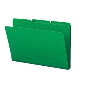 A partially open Smead Pressboard File Folder, 1/3-Cut Tab, 1 Expansion, Legal Size in green is shown upright from the front. Its part of a set with 25 per box (22546), ideal for efficient document organization.