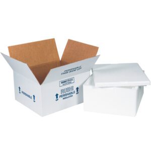 An MH-USA 12 x 10 x 5 Insulated Shipping Kit from a case of four sits open next to a labeled cardboard box, marked RUSH, PERISHABLE, with directional arrows, both empty and ready for safe packing and transport.