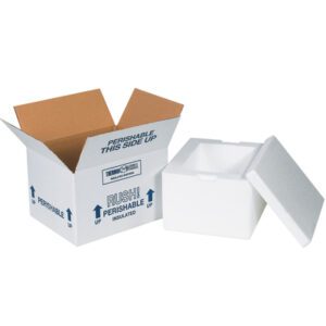 A white foam cooler with a detached lid stands next to a partially opened cardboard box from the MH-USA 12 x 10 x 7 Insulated Shipping Kit, featuring blue Perishable and This Side Up labels.