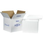 A brown cardboard box labeled with blue Perishable text and arrows sits next to a white foam insulated box. The lid is slightly open, showing the MH-USA 13 3/4 x 11 3/4 x 11 7/8 Insulated Shipping Kit, crafted to safeguard fragile items during transit.