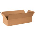 An unsealed MH-USA 24 x 10 x 4 flat corrugated box with outward flaps rests on a plain white background, showcasing its brown hue and simplistic design. This durable yet stylish bundle of 25 is ideal for packing needs.