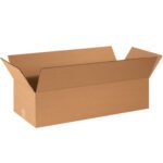 An empty brown MH-USA 24 x 10 x 6 Flat Corrugated Box (25/Bundle) with open flaps sits against a white background.