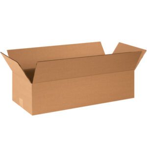 An empty brown MH-USA 24 x 10 x 6 Flat Corrugated Box (25/Bundle) with open flaps sits against a white background.