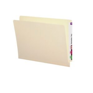 The Smead End Tab File Folder with Antimicrobial Protection, model 24113, in manila features a reinforced straight-cut tab and vertical label on the right for easy identification of multicolored letters.