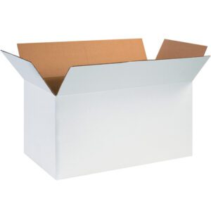 The MH-USA 24 x 12 x 12 White Corrugated Box, with flaps partially folded outward, reveals a brown interior. This empty box rests against a plain white background and is available in bundles of 25.