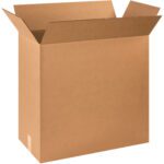 The MH-USA 24 x 12 x 24 Corrugated Boxes are showcased with open top flaps on a white background, highlighting their pristine condition, clean edges, and uniform brown color, ideal for packaging. Available in bundles of 10.