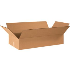 An MH-USA 24 x 12 x 4 flat corrugated box with flaps extended outward, empty and against a white background that highlights its natural brown color. Sold in bundles of 25.
