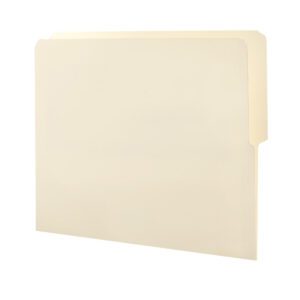 A Smead End Tab File Folder, Shelf-Master? Reinforced 1/2-Cut Tab Top Position, stands upright against a white backdrop. Ideal for labeling, it effortlessly holds standard letter-size documents. Product: Manila, 100 per Box (24127).