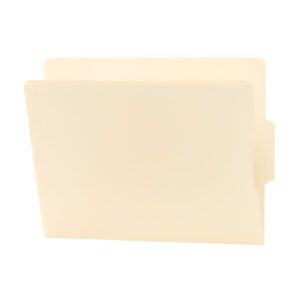 The Smead End Tab File Folder (24136) is a manila, slightly translucent folder with a center-positioned reinforced 1/3-cut tab for easy labeling. Seen against a white background, this beige folder is ideal for organization and comes in boxes of 100.