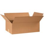 Set against a white backdrop, an open plain brown cardboard box has flaps partially folded outward. Its an MH-USA 24 x 14 x 8 Flat Corrugated Box from a bundle of 20, ideal for packaging needs.