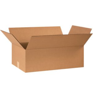 Set against a white backdrop, an open plain brown cardboard box has flaps partially folded outward. Its an MH-USA 24 x 14 x 8 Flat Corrugated Box from a bundle of 20, ideal for packaging needs.
