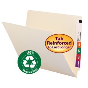 A partially open beige Smead End Tab 100% Recycled File Folder reveals a multicolored tab with numbers 4, 6, 8, 3, and 1. A green sticker reads 100% Recycled Stock, while a purple and orange oval sticker states Tab Reinforced To Last Longer. Ideal for letter-sized documents.
