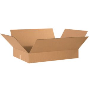 A MH-USA 24 x 17 x 3 flat corrugated box from a bundle of 25, with all flaps extended, stands gracefully against a white background.