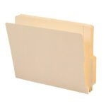 A Smead End Tab File Folder, letter size and manila color, stands upright against a white background. Slightly open, it reveals its two tabbed dividers. These Shelf-Master® folders are perfectly organized and come 100 per box (24179), ideal for streamlined filing.