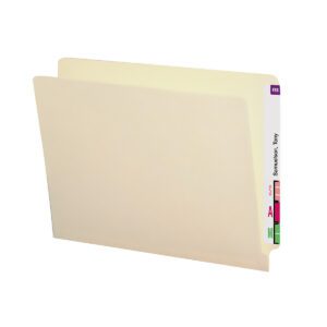 The Smead End Tab File Folder with colorful right-edge index tabs, featuring Shelf-Master® reinforced straight-cut tabs labeled with letters and names, in Manila is perfect for organizing.