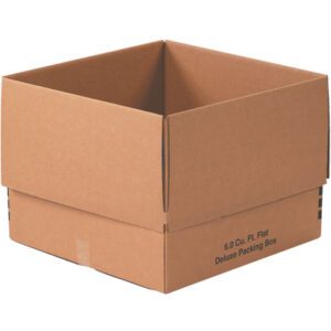 An open brown cardboard box with outward folded flaps displays 6.0 Cu. Ft. Flat Deluxe Packing Box on its side; its an empty MH-USA 24 x 24 x 18 Deluxe Packing Box, ready for bulk use with 10 boxes per bundle for your packing needs.