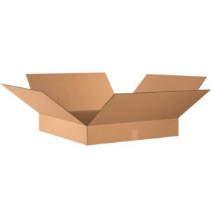 An MH-USA 24 x 24 x 4 Flat Corrugated Box lies open on a white background, its four flaps extended to reveal the empty brown interior. Perfect for shipping and packaging needs, it comes in a pack of 10 per bundle.