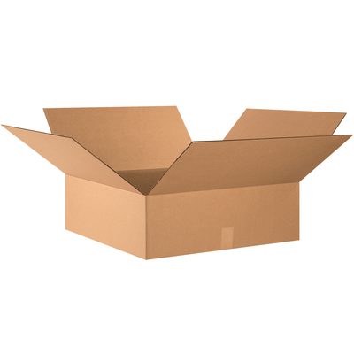 24248.jpg A brown MH-USA 24 x 24 x 8 flat corrugated box from a bundle of 10 sits empty with its flaps open on a white background, ready for packing or storage.