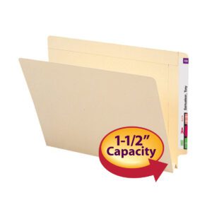 A beige Smead End Tab File Folder, size letter and reinforced with straight-cut tabs, is open to reveal manila tabs adorned with colored labels. A red and yellow oval highlights the 1-1/2 Expansion next to an arrow pointing at the folders open edge.