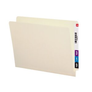 The Smead End Tab File Folder, Shelf-Master Reinforced Straight-Cut Tab in letter size and manila finish, includes vertical colored labels with numbers 3, 1, and 9 in purple, blue, and black. It features a red JUL tab with a barcode and comes in packs of 100 per box (24500).