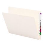 An ivory Smead End Tab Heavyweight File Folder, with a reinforced straight-cut extended tab in white, red, and green segments, is slightly open to reveal an empty interior.