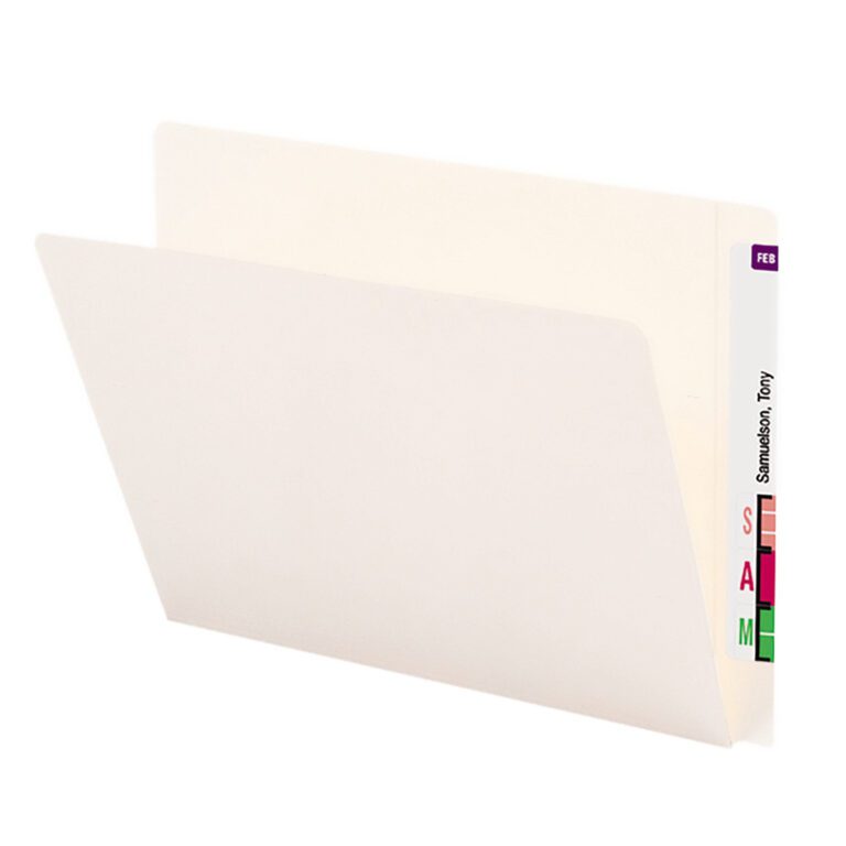 An ivory Smead End Tab Heavyweight File Folder, with a reinforced straight-cut extended tab in white, red, and green segments, is slightly open to reveal an empty interior.