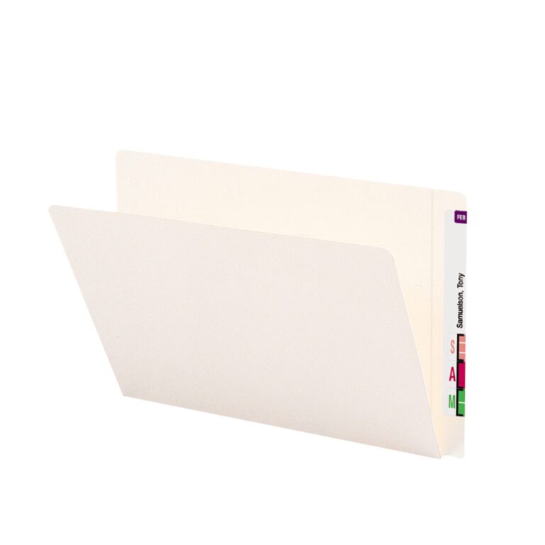 The Smead End Tab Heavyweight File Folder (24557), legal size, ivory, with reinforced straight-cut extended tab and side color-coded labels for letters/names, offers organization and elegance. Each folder features two sections and comes in a box of 50.