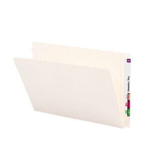 A Smead End Tab File Folder, legal size with a reinforced straight-cut tab on the right edge, displays Swanson, Troy and has purple, red, and green color-coded labels. The slightly open folder reveals its empty ivory interior.