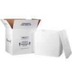 The MH-USA 18 x 14 x 19 Insulated Shipping Kit includes an open white insulated box with a removable lid, an outer cardboard container, and handling labels like Perishable, This Side Up, and directional arrows for safe transit.