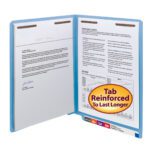 A Smead WaterShed/CutLess End Tab Fastener Folder (Letter Size, Blue) with a reinforced straight-cut tab holds two fastened documents. A front sticker says Tab Reinforced To Last Longer, ensuring your papers’ durability.