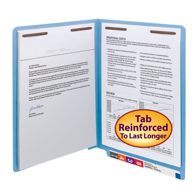 25050_C1.jpg A Smead WaterShed/CutLess End Tab Fastener Folder (Letter Size, Blue) with a reinforced straight-cut tab holds two fastened documents. A front sticker says Tab Reinforced To Last Longer, ensuring your papers’ durability.