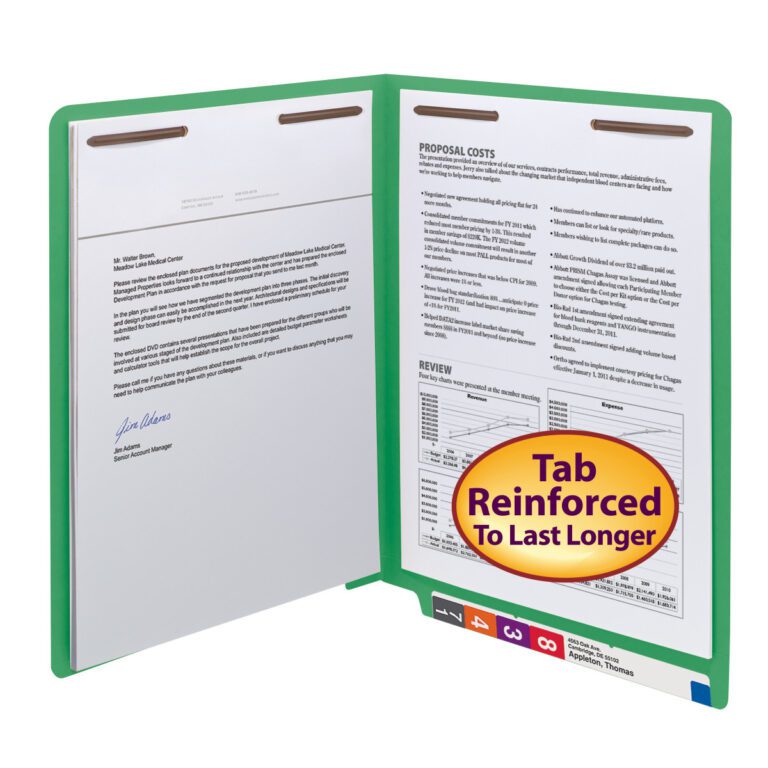 A green Smead WaterShed?/CutLess? End Tab Fastener Folder (25150) organizes documents with metal fasteners. A right-side label reads Reinforced Straight-Cut Tab, while colored tabs help maintain letter-size order.