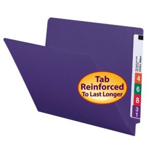 A purple Smead Colored End Tab File Folder (25420) reveals dividers numbered 4, 6, 8, 3, and 1. An orange sticker notes Tab Reinforced To Last Longer. Available in a pack of 100 per Box.