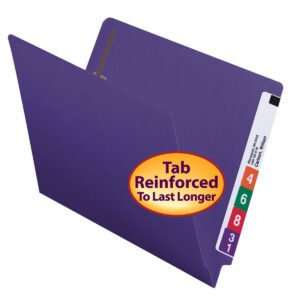The letter-size purple Smead Colored End Tab Fastener Folder (25440) features a reinforced straight-cut tab with numbered colored labels (4, 6, 8, 31) on the side and an oval sticker stating Tab Reinforced To Last Longer, available in a pack of 50.