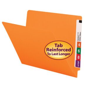 The Smead Colored End Tab File Folder features a durable, reinforced straight-cut tab in orange. Its a Shelf-Master product with four numbered tabs (4, 6, 8, 31) and includes a Tab Reinforced To Last Longer sticker. Comes in a box of 100 (25510).