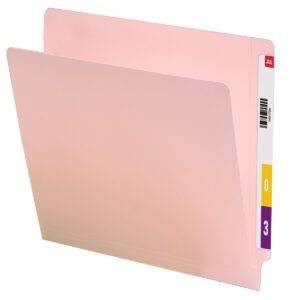 A Smead Colored End Tab File Folder (Shelf-Master Reinforced Straight-Cut Tab, Letter Size, Pink) displays the numbers 0 and 3, plus a red JUL section at the top right. This slightly open folder is empty against a white background.