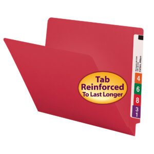 The Smead Colored End Tab File Folder, Shelf-Master? (25710), is a letter-size folder in vibrant red with a reinforced straight-cut tab. It offers numbered sections 4, 6, 8, and 31 for labels and is available in boxes of 100.