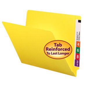 A Smead Colored End Tab File Folder, Shelf-Master? with a reinforced straight-cut tab, letter-sized in yellow with vibrant labels 4, 6, 8, and 31. Features an oval badge stating Tab Reinforced To Last Longer. Sold as a set of 100 per box (25910).