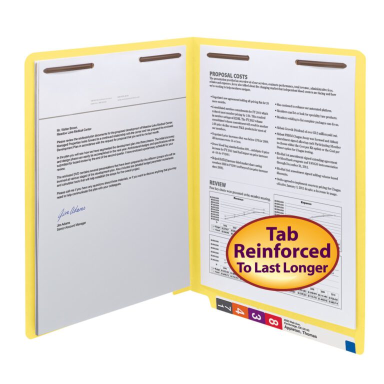 A yellow Smead WaterShed/CutLess end tab fastener folder containing documents with text and tables, featuring a text bubble on the cover stating Tab Reinforced To Last Longer in red and yellow. The color-coded reinforced straight-cut tabs are numbered, and each box contains 50 folders (25950).