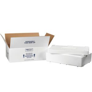 An upright open white cardboard box labeled Perishable sits next to a clear lid container, both part of the MH-USA 19 1/2 x 11 1/2 x 4 1/8 Insulated Shipping Kit, against a stark white background. Instructions on the box advise keeping it upright. Both are empty.