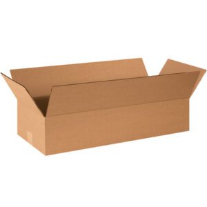 An empty yet sturdy MH-USA 26 x 10 x 4 flat corrugated box stands upright on a white background. Ideal for packing or shipping, these long, rectangular boxes with open flaps come in bundles of 25.