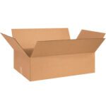 An open, empty MH-USA 26 x 15 x 5 flat corrugated box with extended flaps ensures durability and versatility. The plain box features no markings or labels and is set against a white background. Available in bundles of 20.
