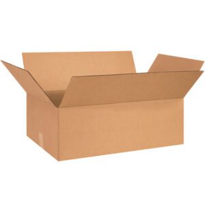 An open MH-USA 26 x 15 x 7 flat corrugated box from a 20/bundle pack sits with extended flaps on a white background. This empty, sturdy brown paper box is perfect for versatile packaging needs.