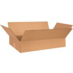 An open MH-USA 26 x 17 x 5 brown flat corrugated box with four unfolded flaps is displayed against a white background. The new, unused box is ready for use and is sold in bundles of 25 for convenience.